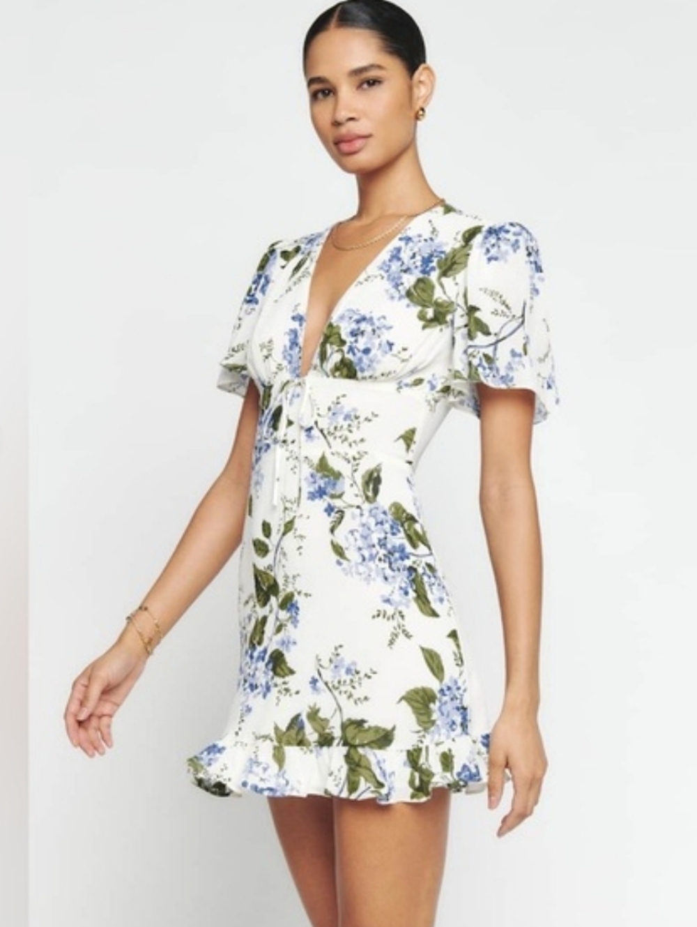 Reformation Mya Riviera Floral Vneck Flutter Sleeves Mini Dress